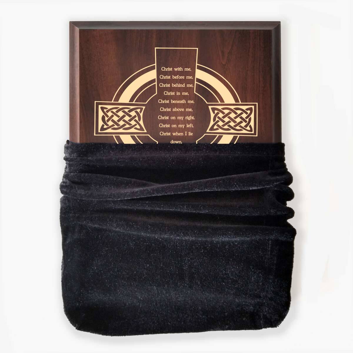 Photo of plaque inside the optional velvet gift bag, showing some of the printed design.