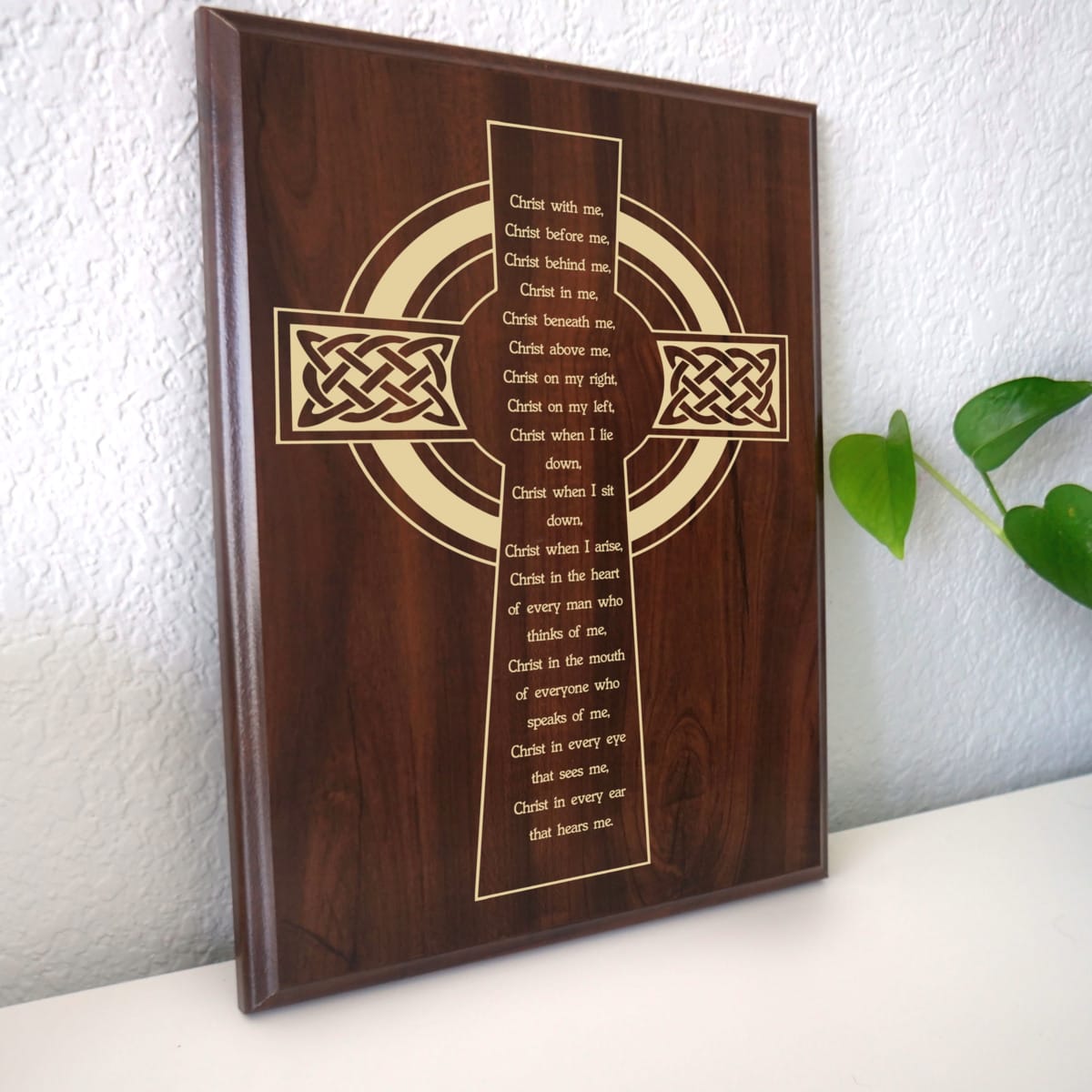 Photo of plaque resting on table at an angle.