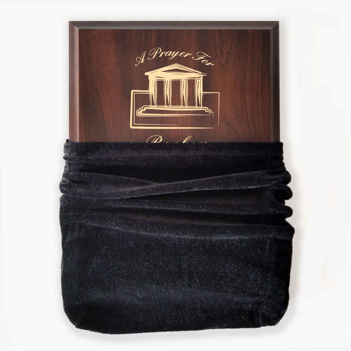 Photo of plaque inside the optional velvet gift bag, showing some of the printed design.