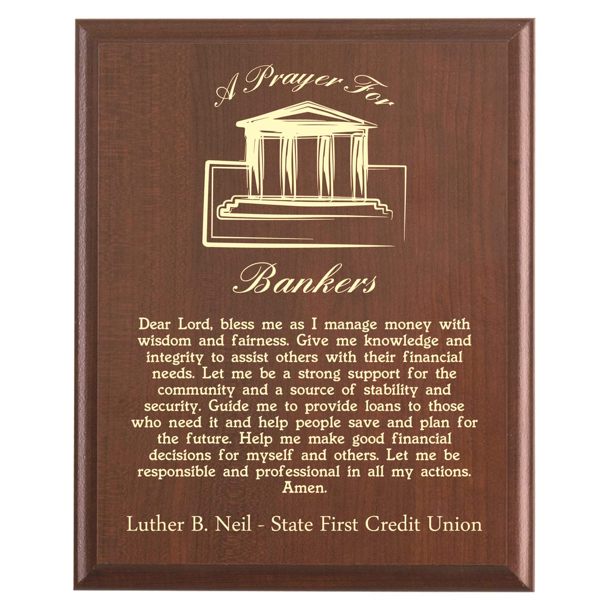 Plaque photo: Designed for bankers with free personalization. Wood style finish with customized text.