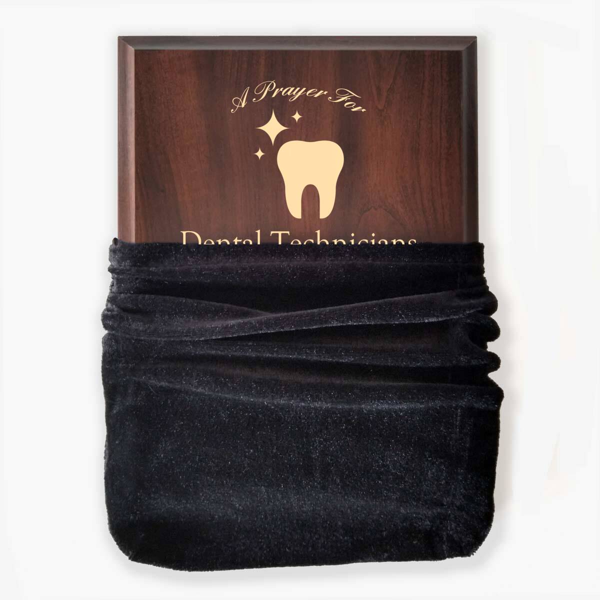 Photo of plaque inside the optional velvet gift bag, showing some of the printed design.