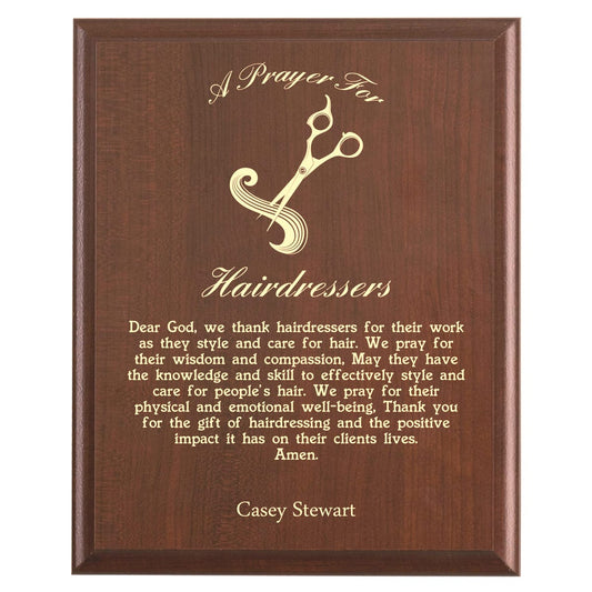 Plaque photo: Designed for Hairdressers with free personalization. Wood style finish with customized text.