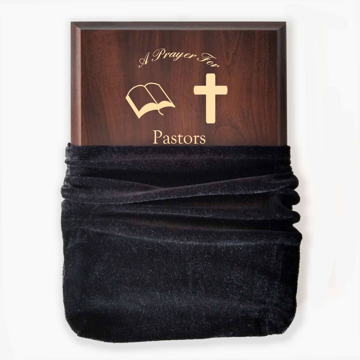Photo of plaque inside the optional velvet gift bag, showing some of the printed design.