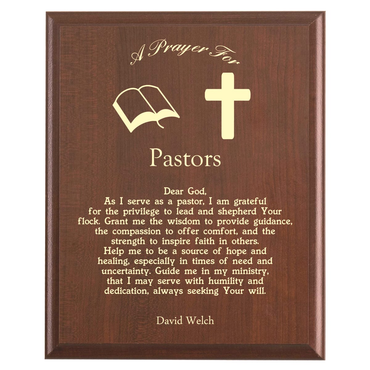 Plaque photo: Pastor Prayer Plaque design with free personalization. Wood style finish with customized text.