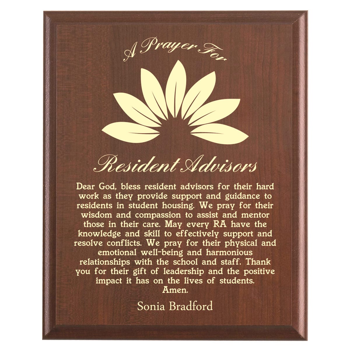 Plaque photo: Designed for Resident Advisors with free personalization. Wood style finish with customized text.