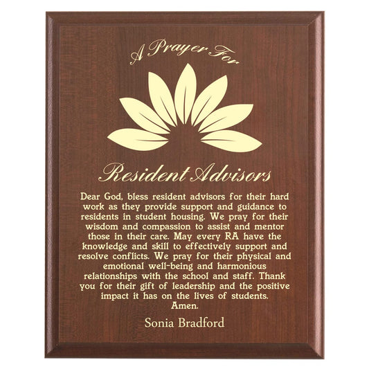 Plaque photo: Designed for Resident Advisors with free personalization. Wood style finish with customized text.
