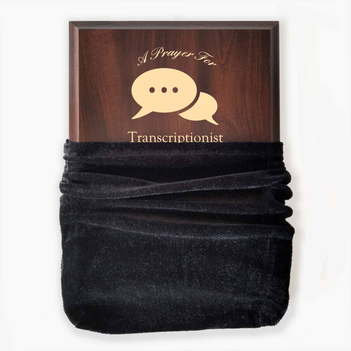 Photo of plaque inside the optional velvet gift bag, showing some of the printed design.