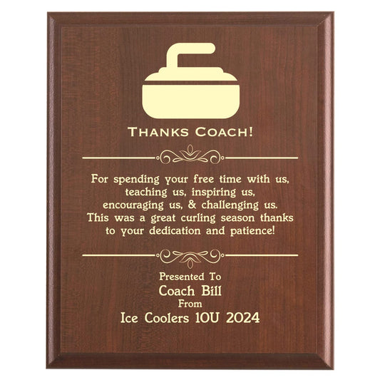Plaque photo: Designed for Curling Coaches with free personalization. Wood style finish with customized text.