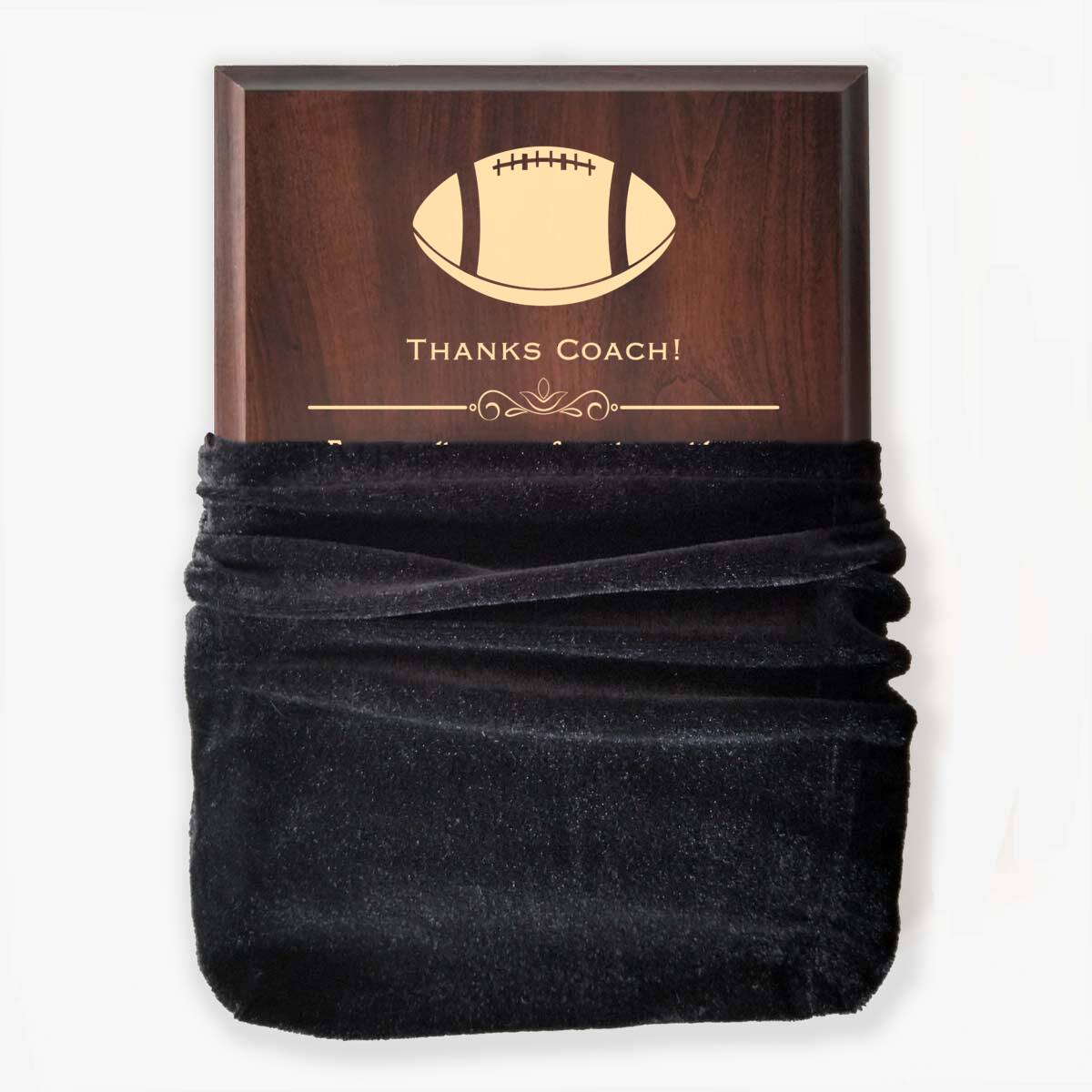 Photo of plaque inside the optional velvet gift bag, showing some of the printed design.