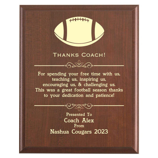 Plaque photo: Designed for Football Coaches with free personalization. Wood style finish with customized text.