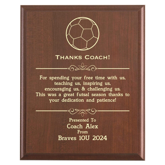 Plaque photo: Designed for Futsal Coaches with free personalization. Wood style finish with customized text.