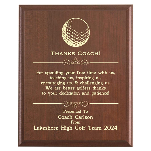 Plaque photo: Designed for Golf Coaches with free personalization. Wood style finish with customized text.