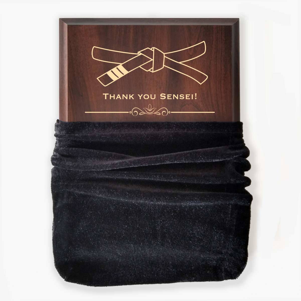 Photo of plaque inside the optional velvet gift bag, showing some of the printed design.