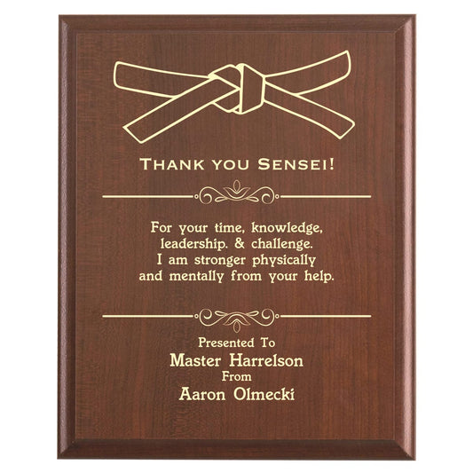Plaque photo: Designed for a Karate Sensei with free personalization. Wood style finish with customized text.