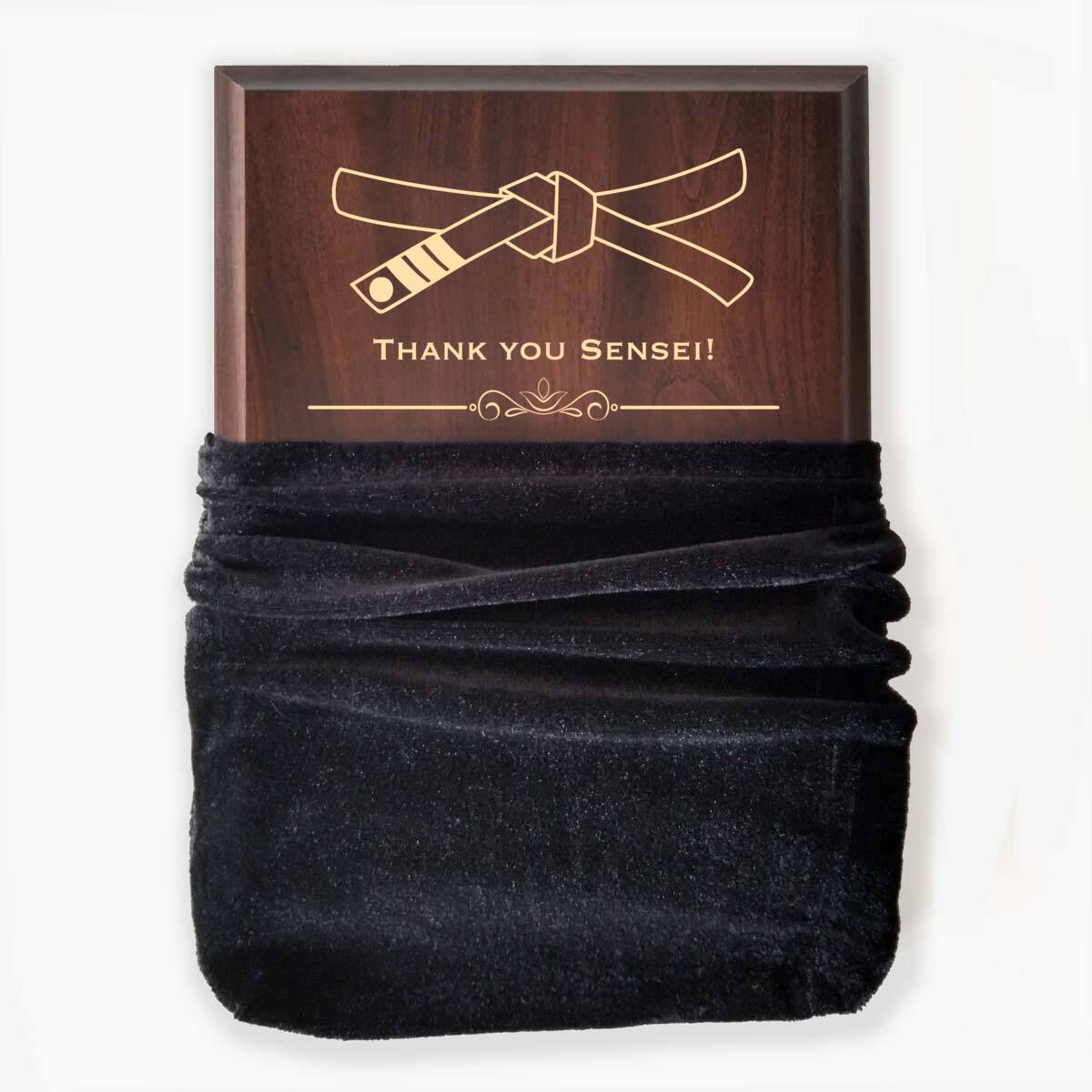 Photo of plaque inside the optional velvet gift bag, showing some of the printed design.