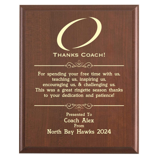 Plaque photo: Designed for Ringette Coaches with free personalization. Wood style finish with customized text.