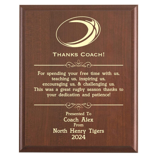 Plaque photo: Designed for Rugby Coaches with free personalization. Wood style finish with customized text.