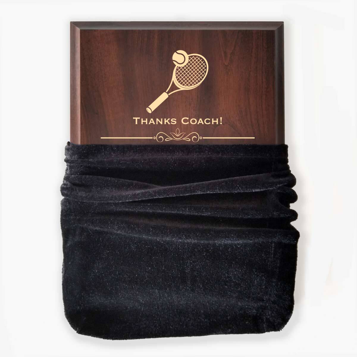 Photo of plaque inside the optional velvet gift bag, showing some of the printed design.