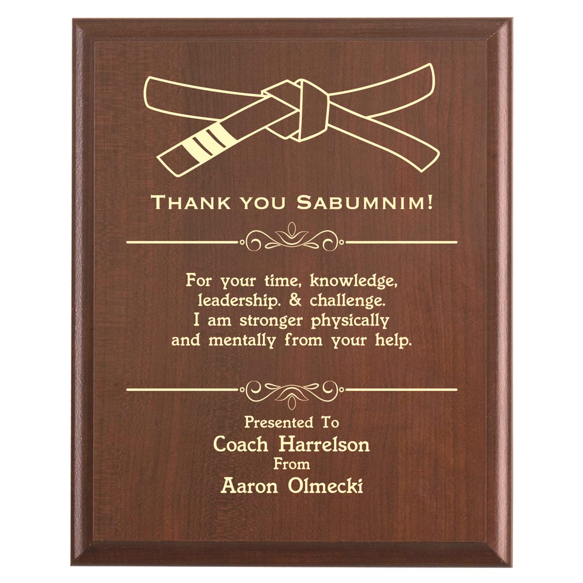 Plaque photo: Designed for a Great Sabumnim with free personalization. Wood style finish with customized text.