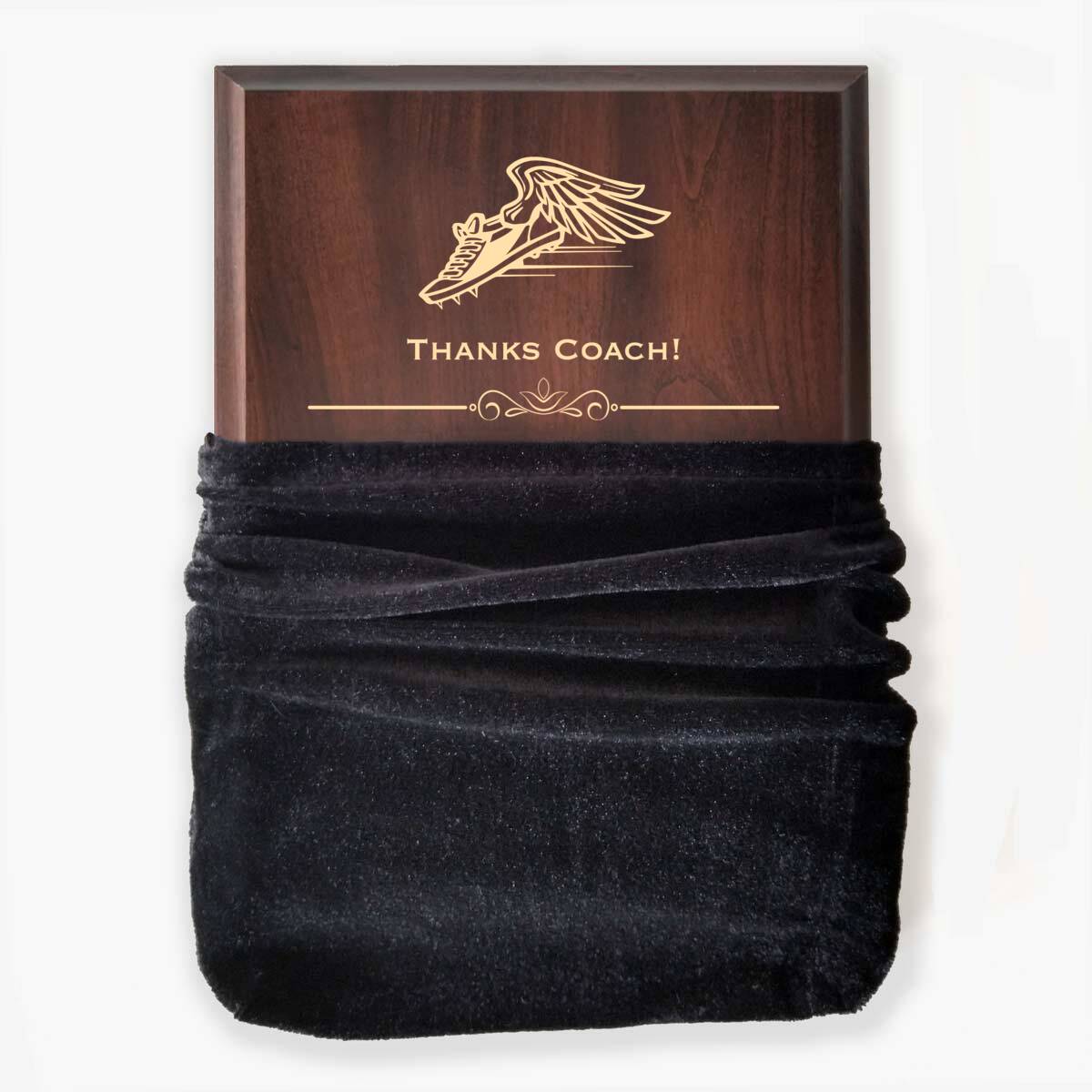 Photo of plaque inside the optional velvet gift bag, showing some of the printed design.