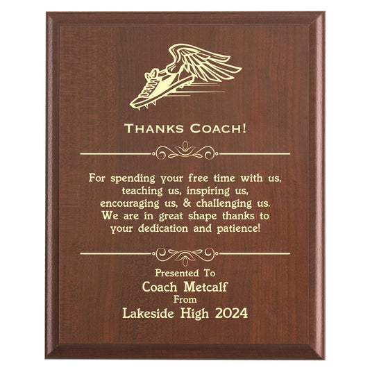 Plaque photo: Designed for Track & Field Coaches with free personalization. Wood style finish with customized text.