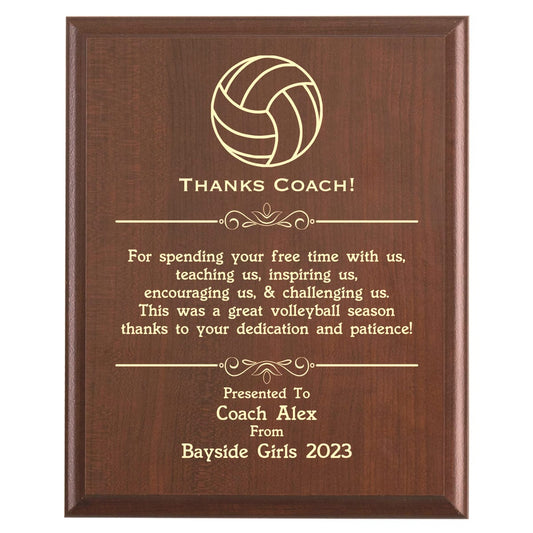 Plaque photo: Designed for Volleyball Coaches with free personalization. Wood style finish with customized text.