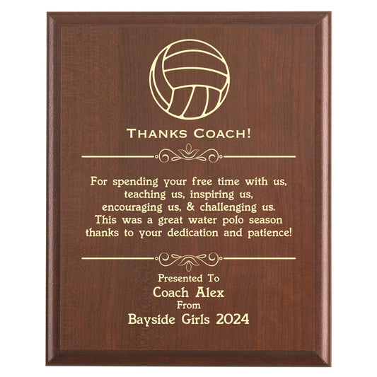 Plaque photo: Designed for Water Polo Coaches with free personalization. Wood style finish with customized text.