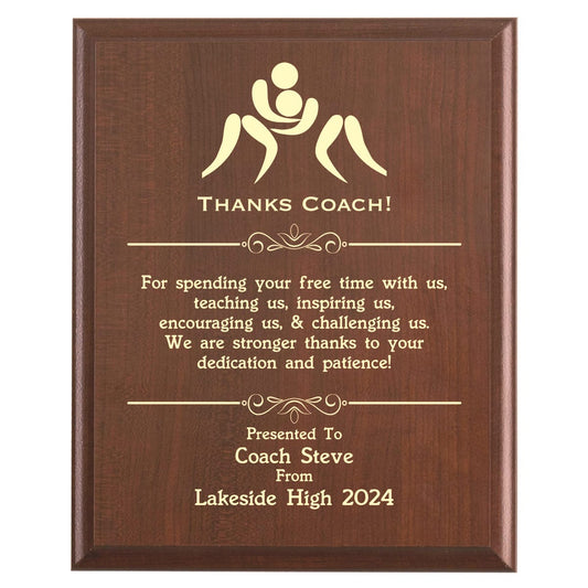 Plaque photo: Designed for Wrestling Coaches with free personalization. Wood style finish with customized text.