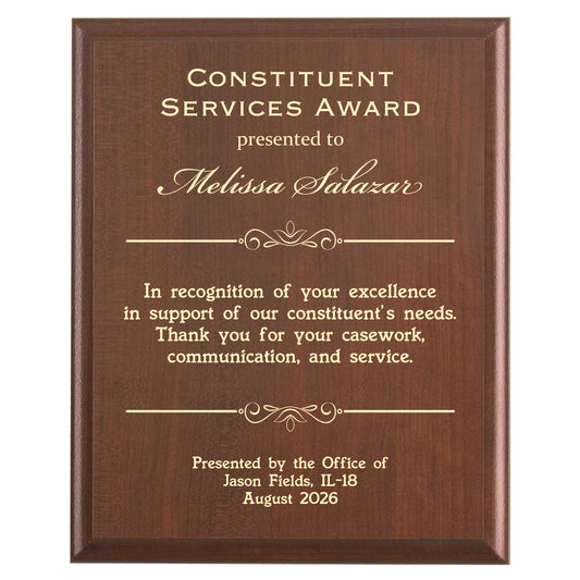 Plaque photo: Designed for Constituent Service Team Members with free personalization. Wood style finish with customized text.