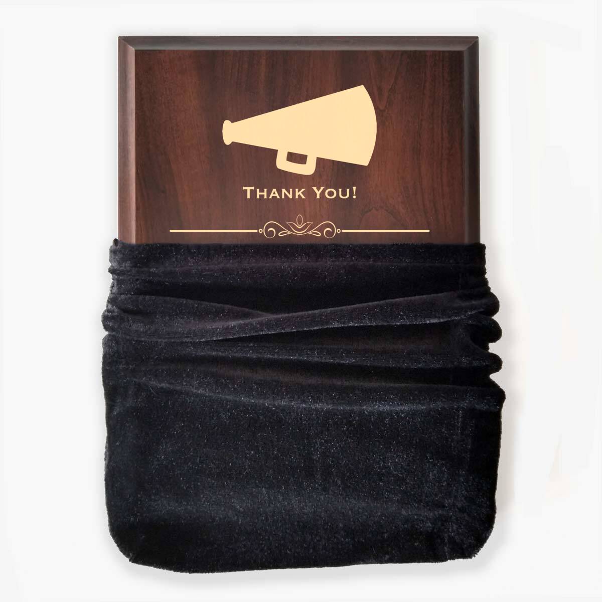 Photo of plaque inside the optional velvet gift bag, showing some of the printed design.