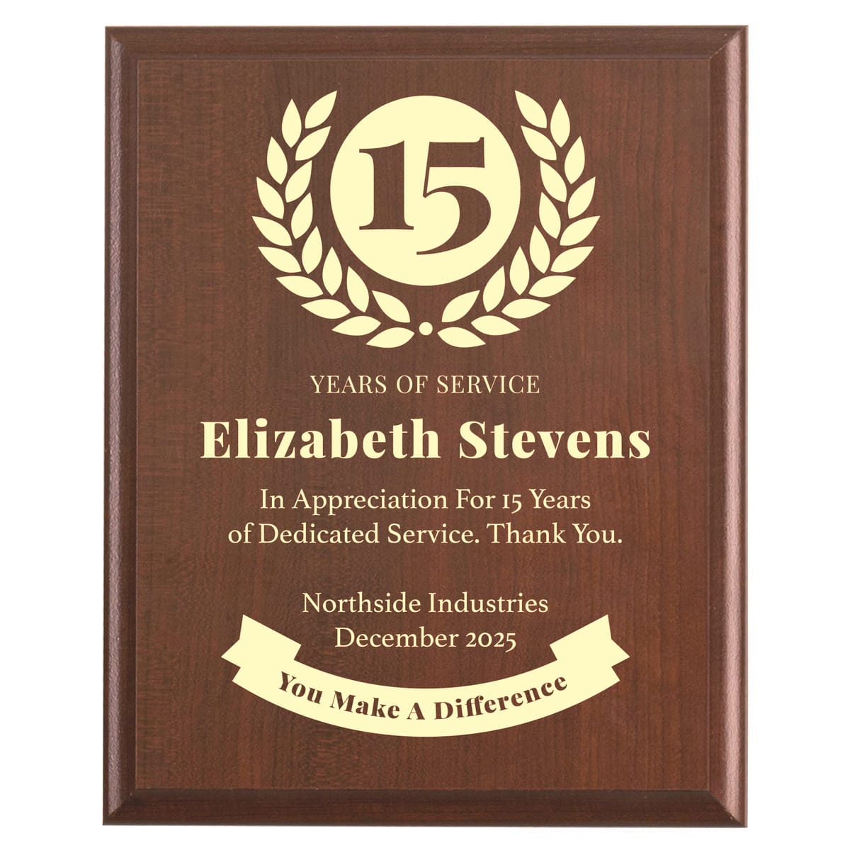 Plaque photo: 15 Years of Service award design with free personalization. Wood style finish with customized text.