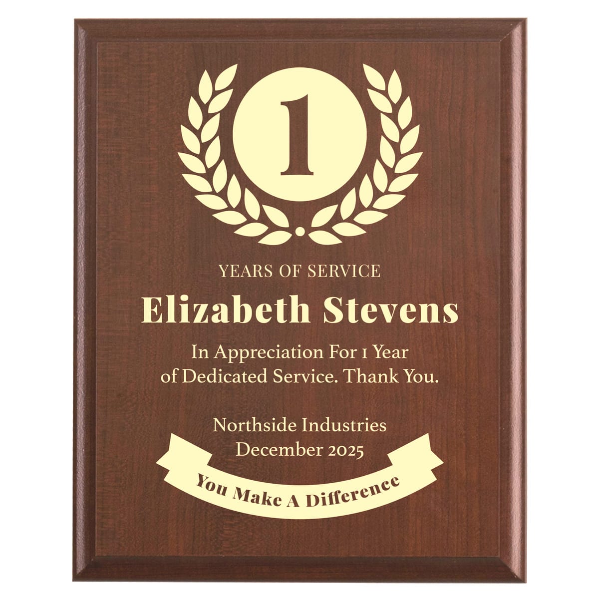 Plaque photo: 1 Year of Service award design with free personalization. Wood style finish with customized text.