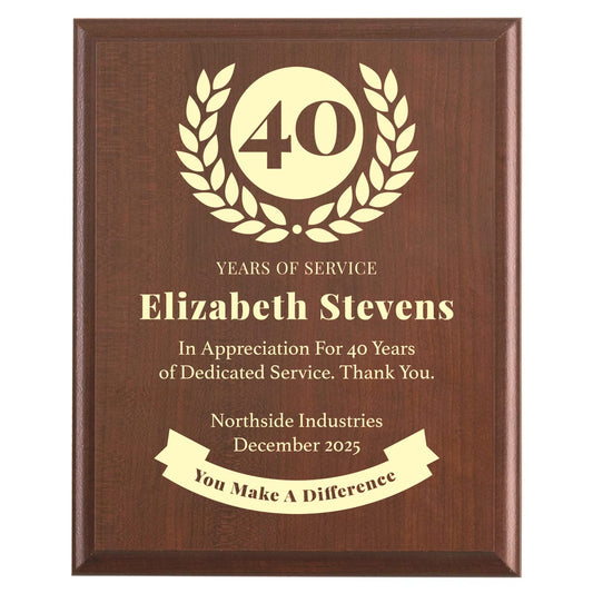 Plaque photo: 40 Years of Service award design with free personalization. Wood style finish with customized text.