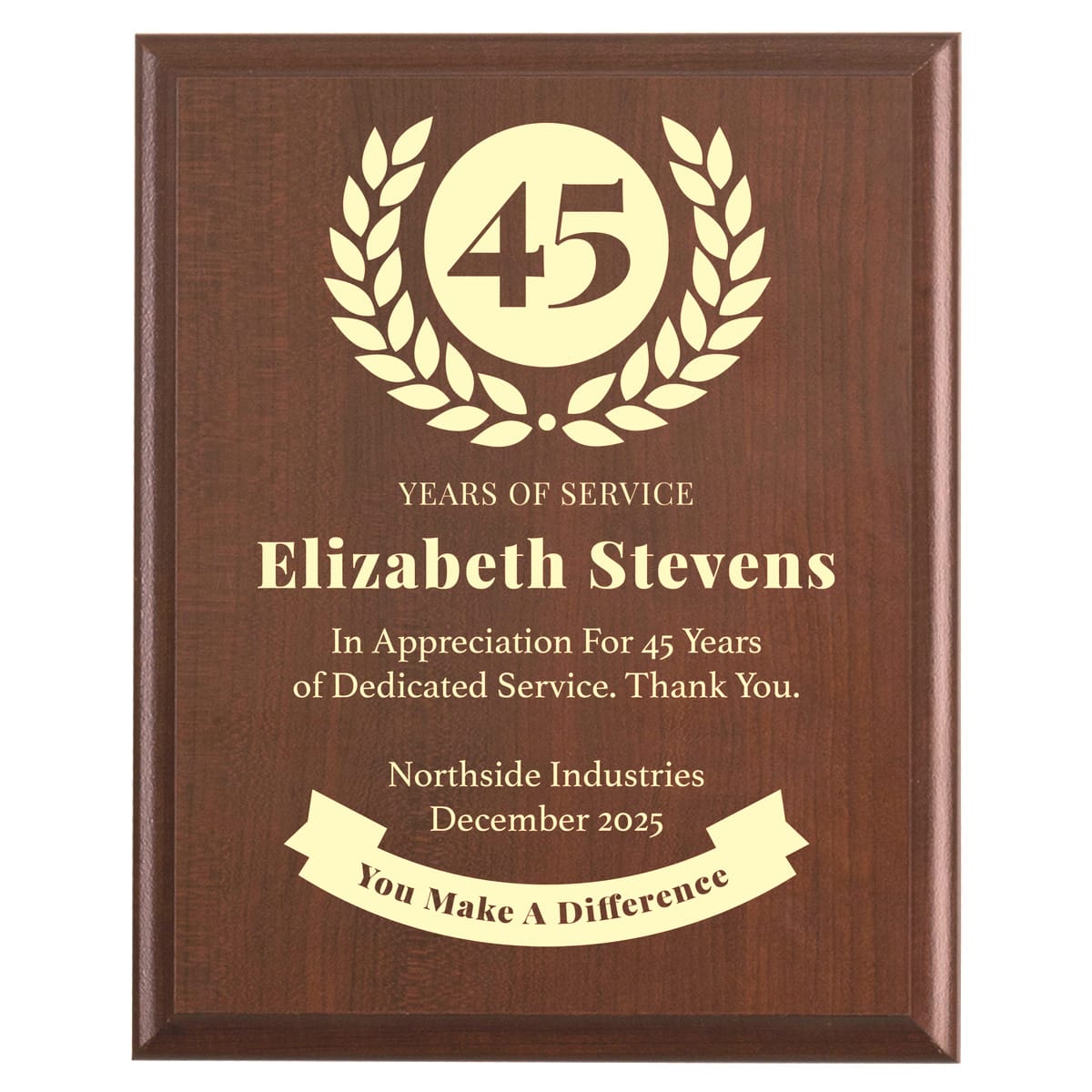 Plaque photo: 45 Years of Service award design with free personalization. Wood style finish with customized text.