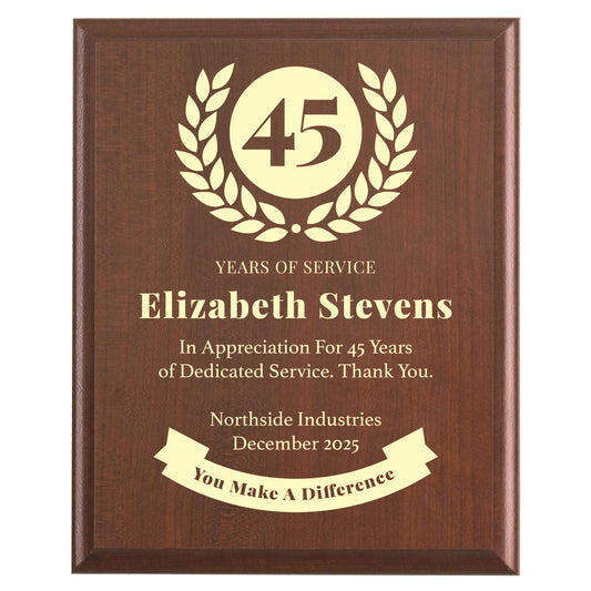 Plaque photo: 45 Years of Service award design with free personalization. Wood style finish with customized text.