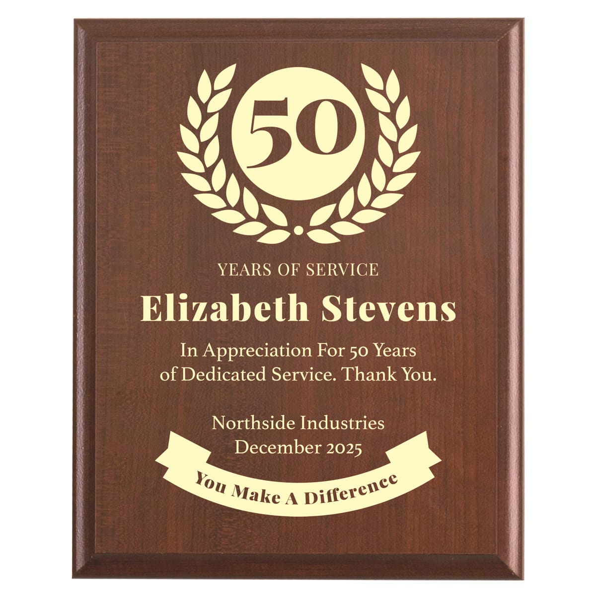 Plaque photo: 50 Years of Service award design with free personalization. Wood style finish with customized text.