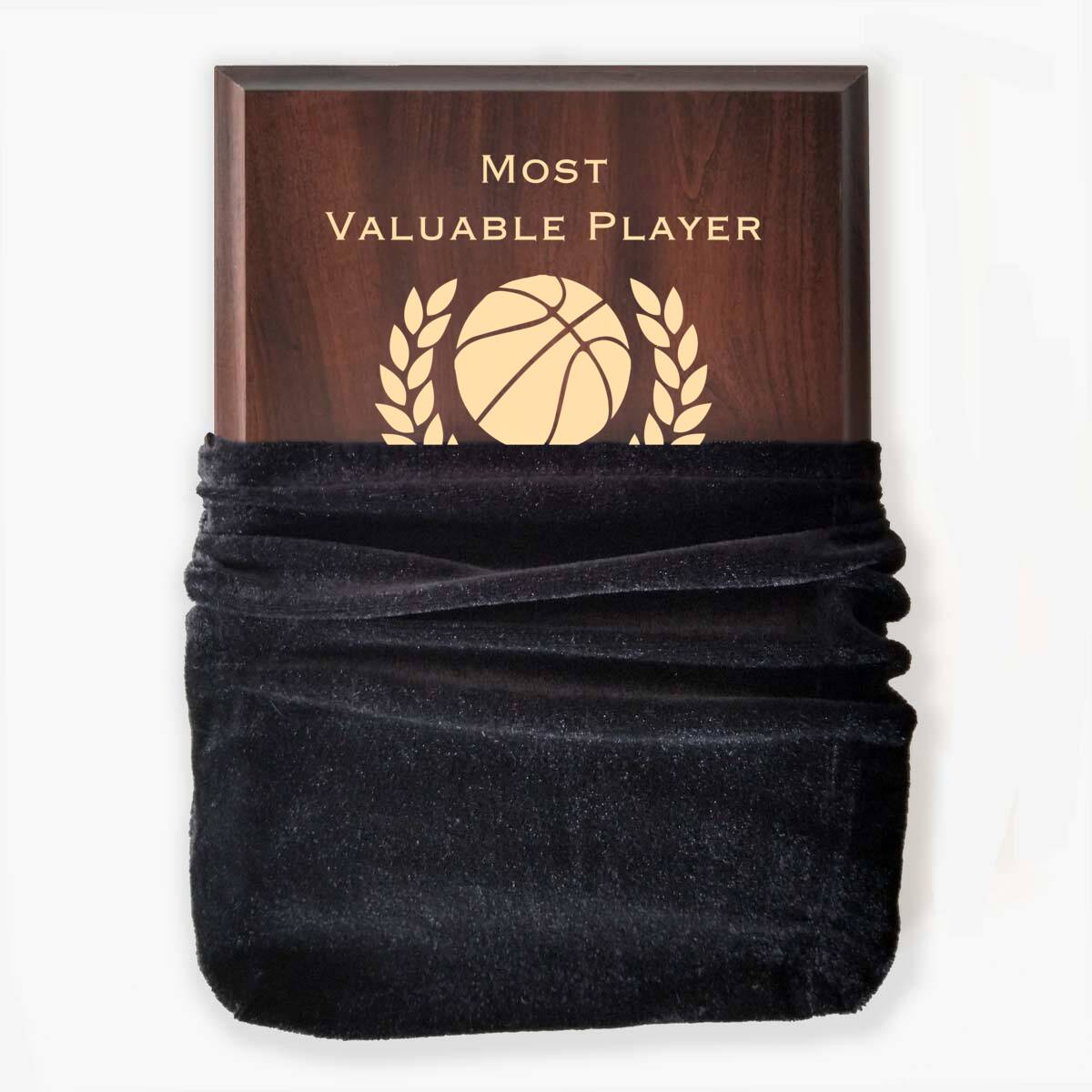 Photo of plaque inside the optional velvet gift bag, showing some of the printed design.