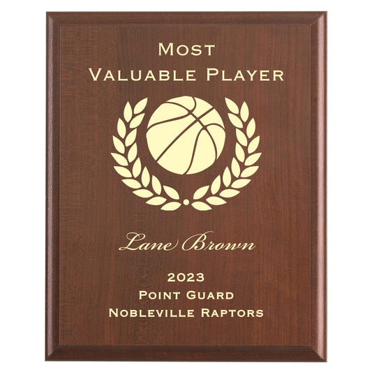 Plaque photo: Basketball MVP Award design with free personalization. Wood style finish with customized text.