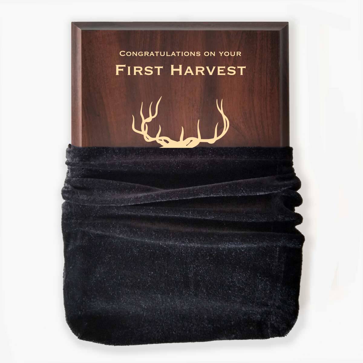 Photo of plaque inside the optional velvet gift bag, showing some of the printed design.
