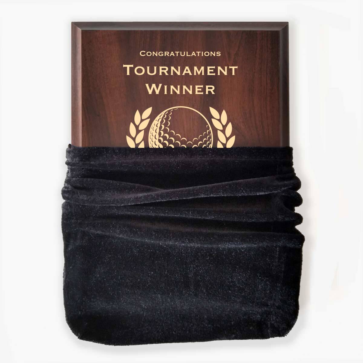 Photo of plaque inside the optional velvet gift bag, showing some of the printed design.