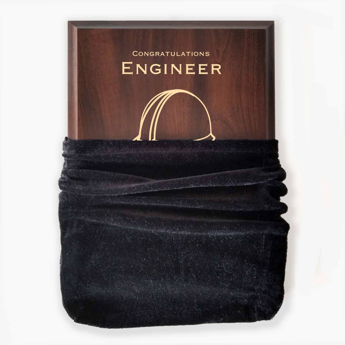 Photo of plaque inside the optional velvet gift bag, showing some of the printed design.