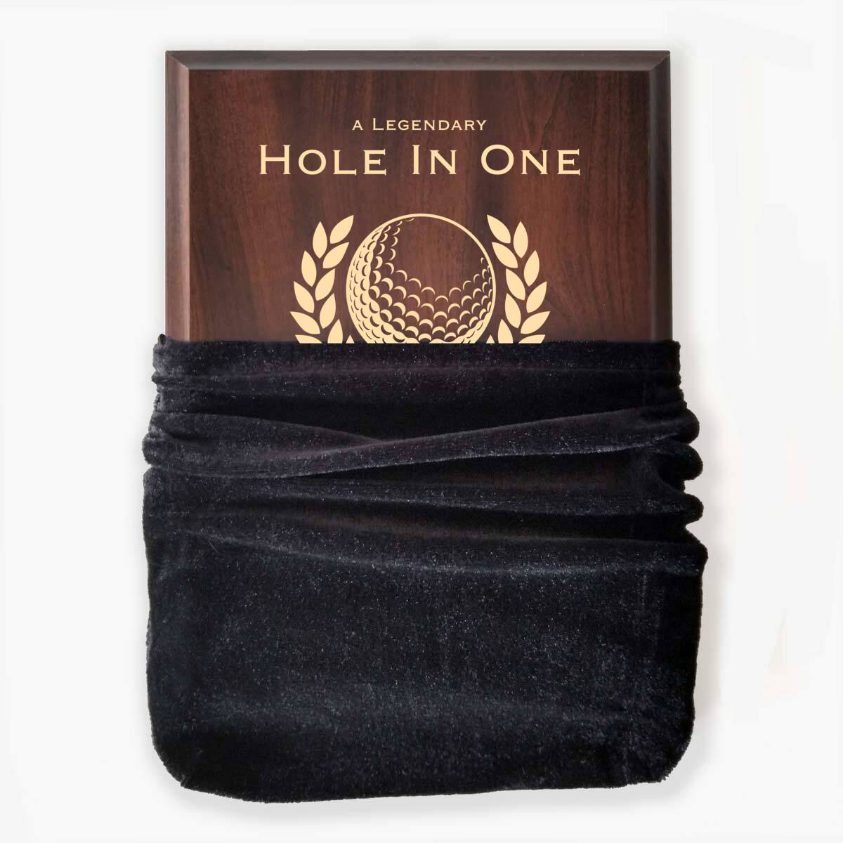 Photo of plaque inside the optional velvet gift bag, showing some of the printed design.