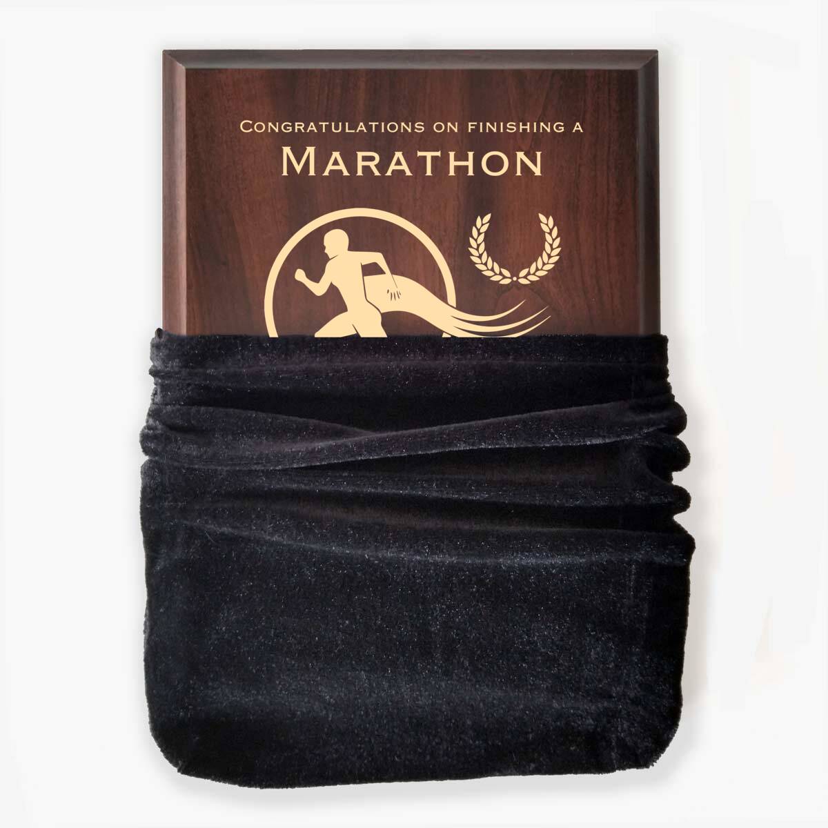 Photo of plaque inside the optional velvet gift bag, showing some of the printed design.