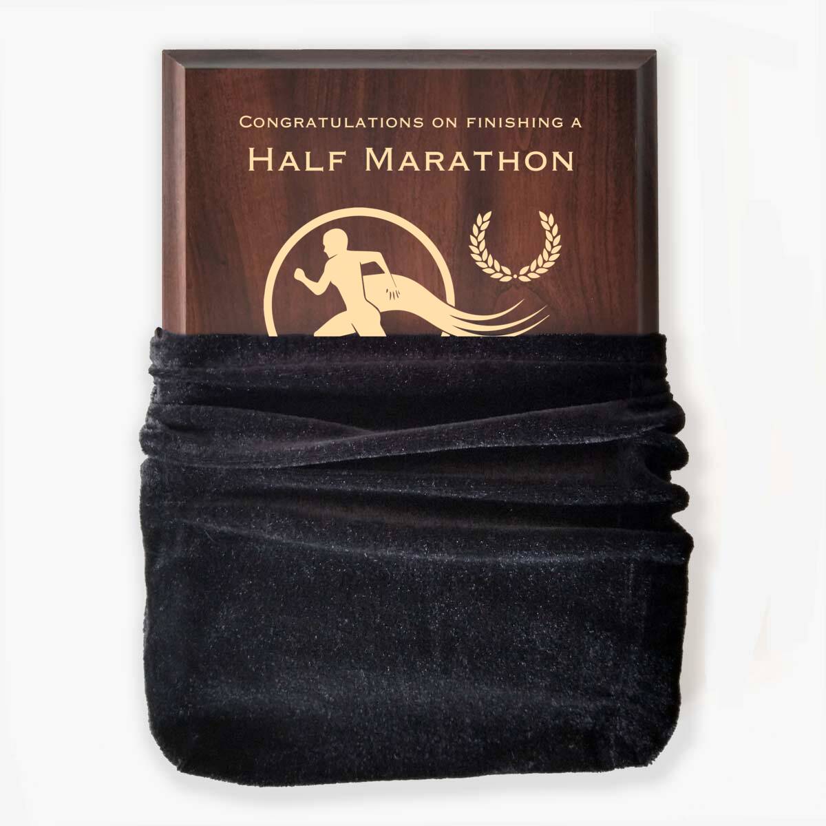 Photo of plaque inside the optional velvet gift bag, showing some of the printed design.