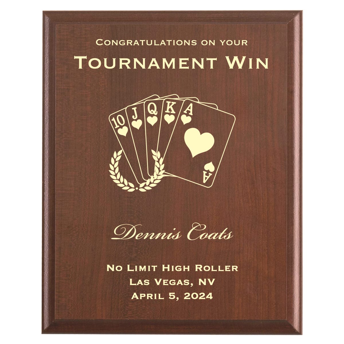 Plaque photo: Poker Tournament Award design with free personalization. Wood style finish with customized text.