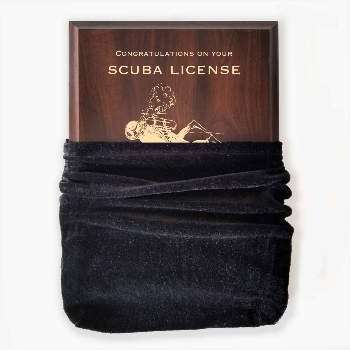 Photo of plaque inside the optional velvet gift bag, showing some of the printed design.
