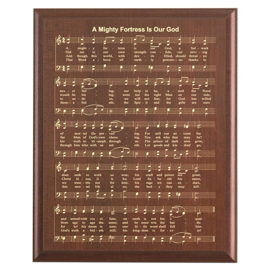 Plaque photo: A Mighty Fortress Is Our God Hymn Plaque design with free personalization. Wood style finish with customized text.