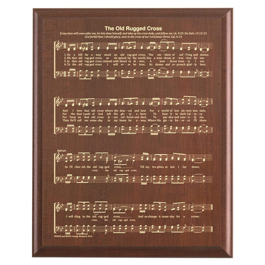 Plaque photo: Old Rugged Cross Hymn Plaque design with free personalization. Wood style finish with customized text.