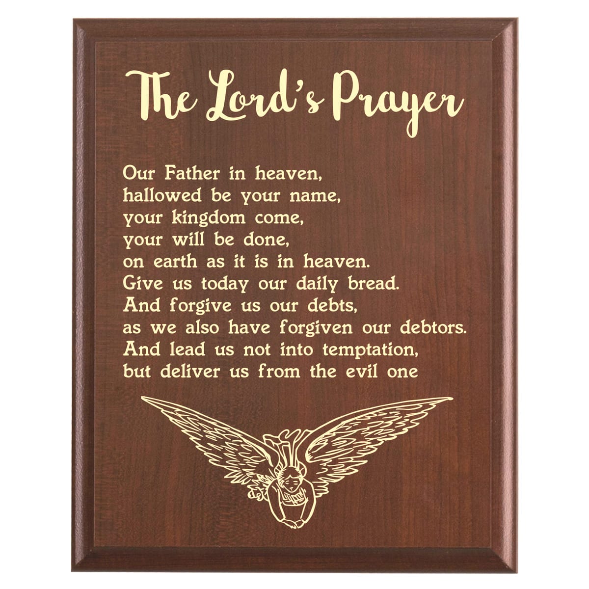 Plaque photo: Lord's Prayer Plaque NIV design with free personalization. Wood style finish with customized text.