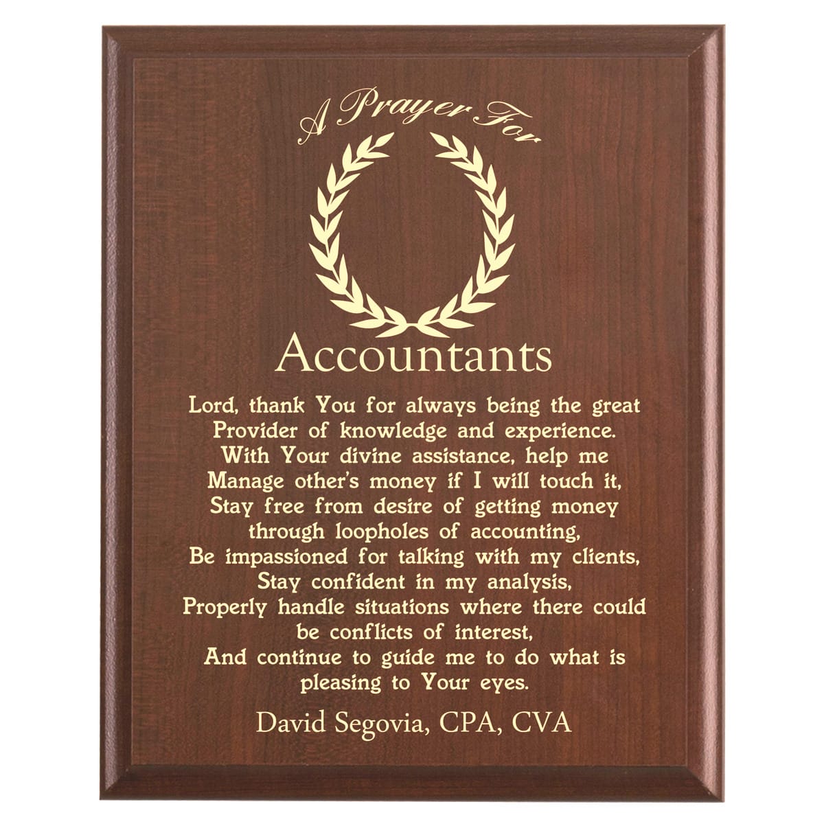 Plaque photo: Accountants Prayer Plaque design with free personalization. Wood style finish with customized text.
